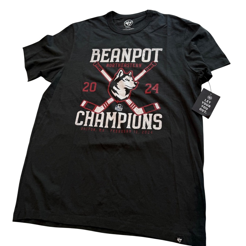 47 Brand Northeastern Huskies 2024 Beanpot Champions T-Shirt Black Medium NWT